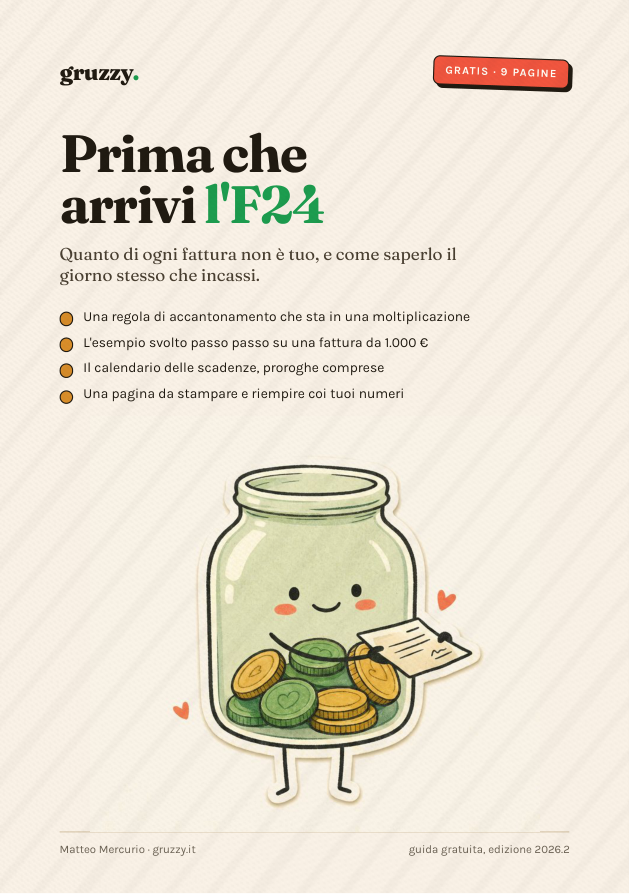Prima pagina della guida gratuita «Prima che arrivi l'F24»: titolo, elenco dei contenuti e Gruzzy con le monete in mano e la fattura